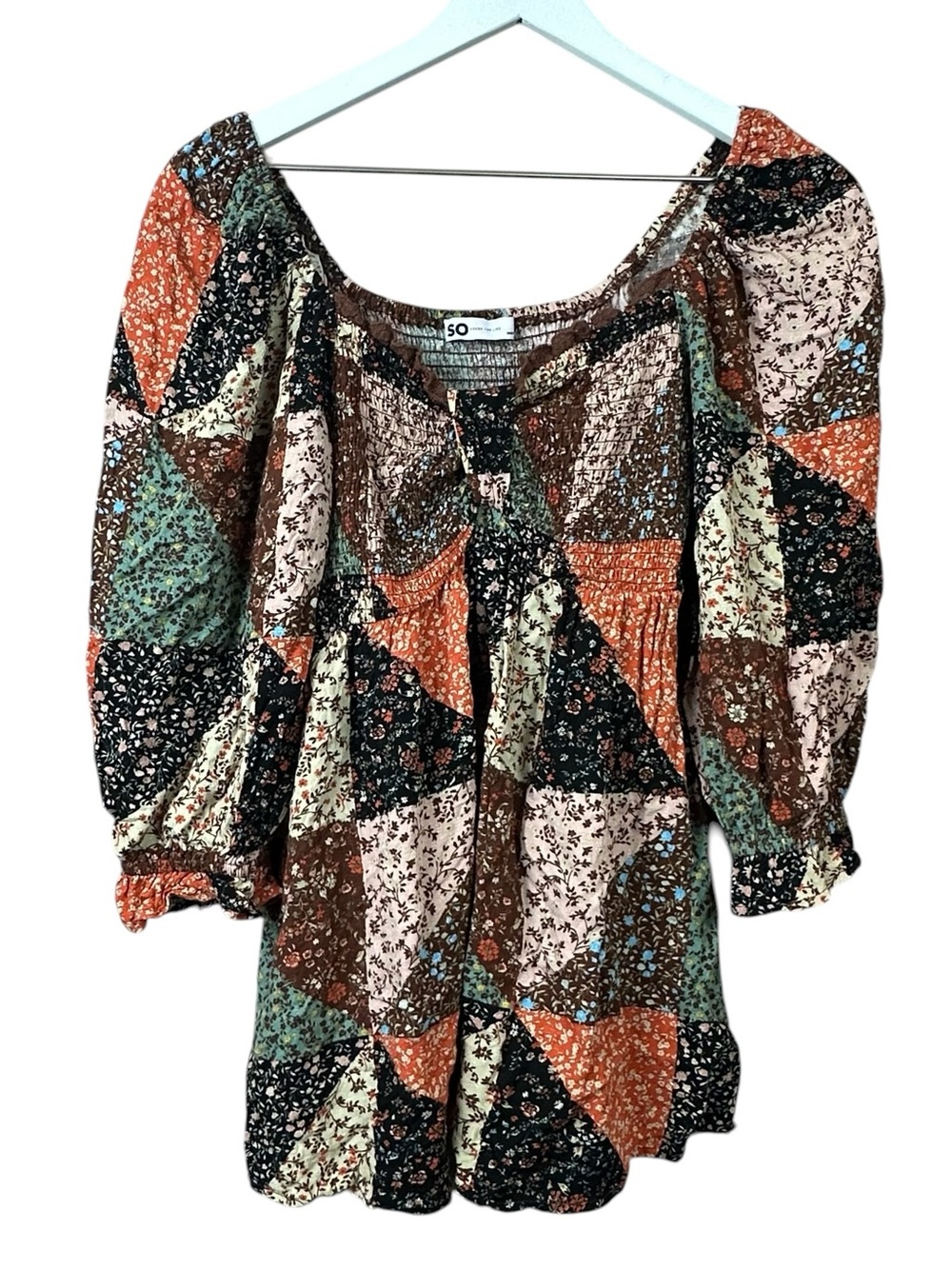 So Goods For Life Patchwork Smocked Peasant Top Women Sz L